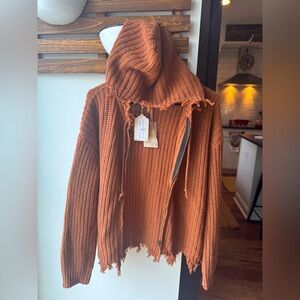 Hem & thread distressed jagged hem sweater hooded nwt pumpkin rust orange small